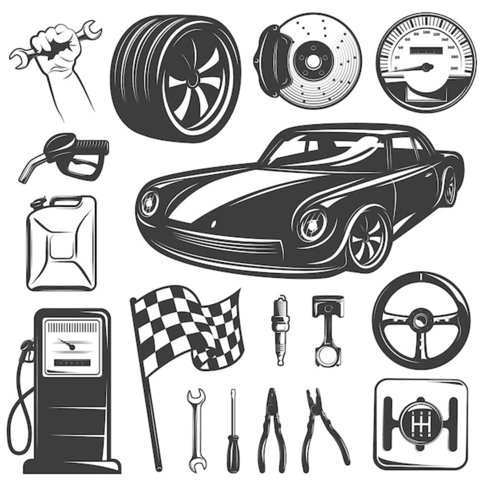 汽车维修车库黑色隔离图标集配有工具配件和设备用于汽车维修店矢量图
